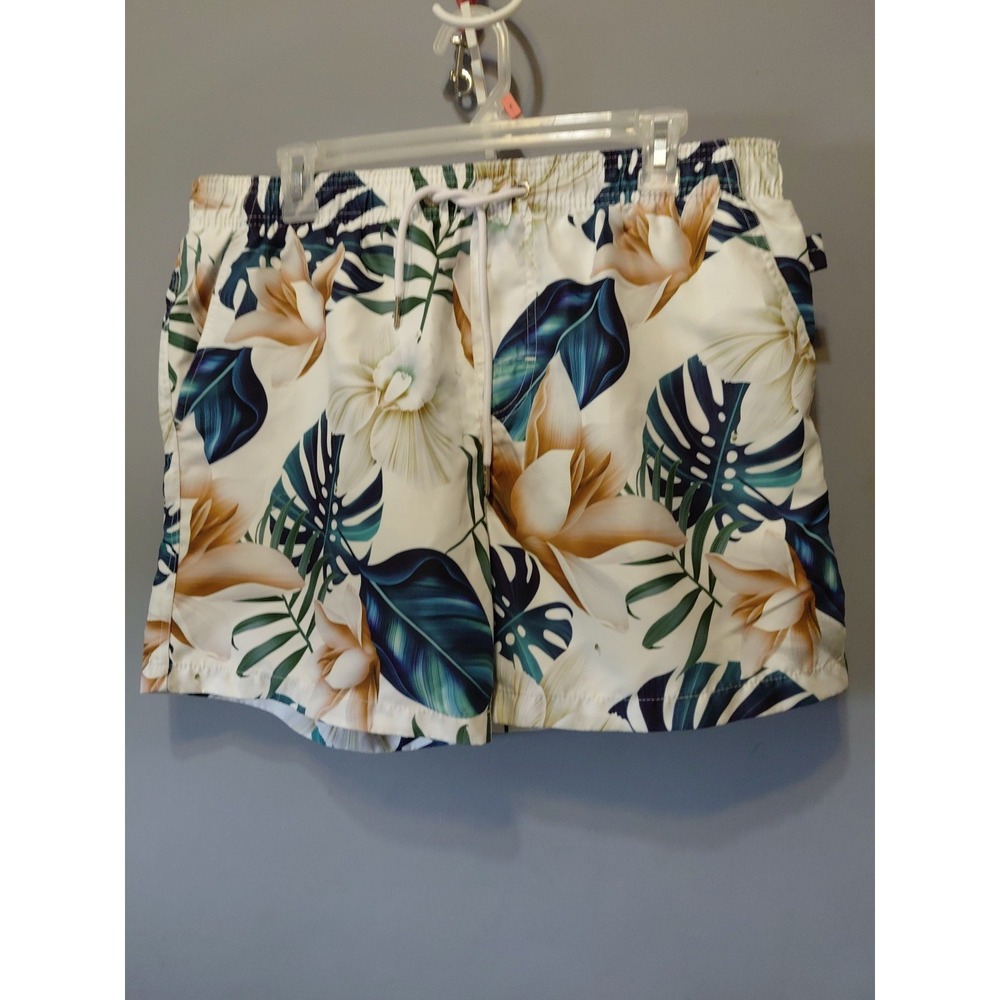 Swim Trunks Mens XL Tropical Surfer Shorts White Pockets Elastic/Drawstring